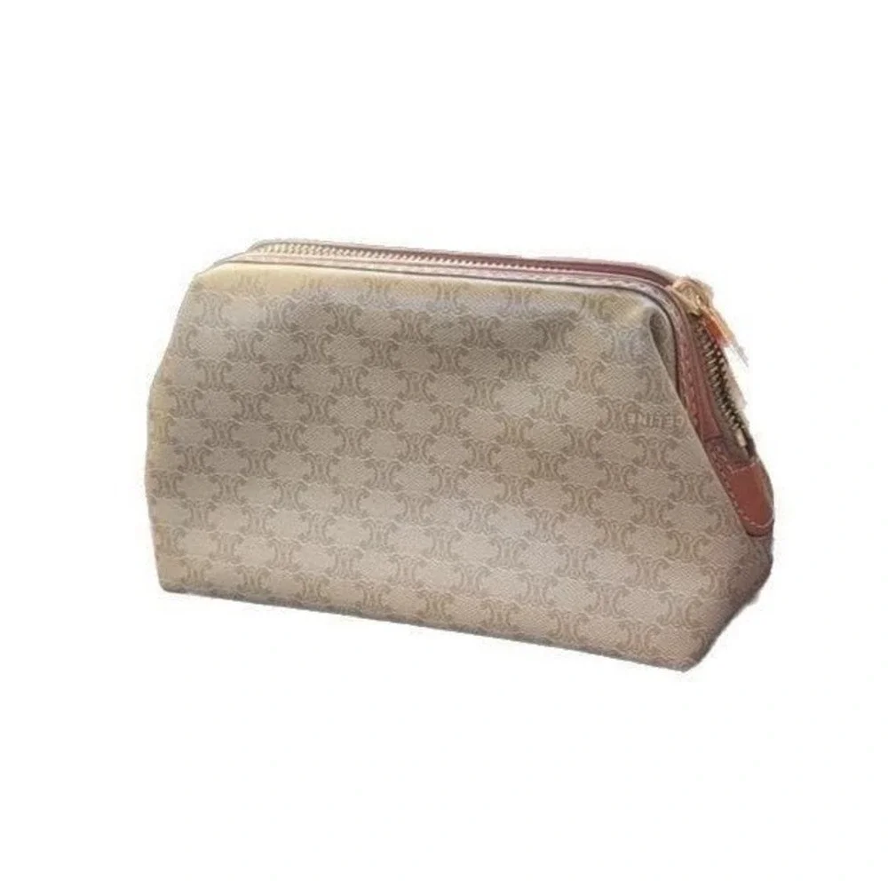 Celine vanity case pouch brown leather and beige coated canvas‎ small vintage